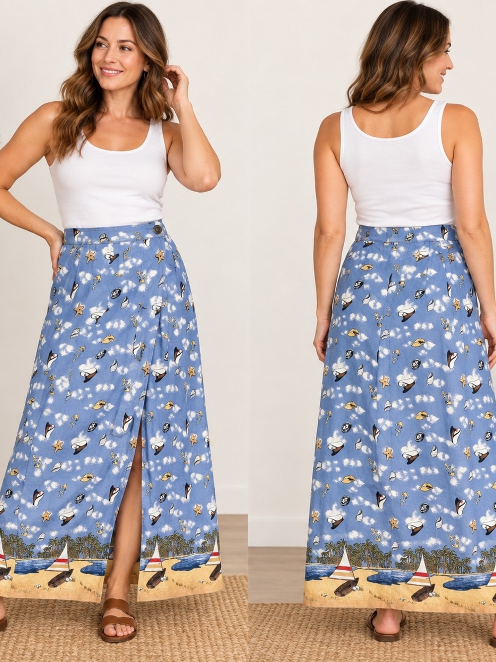 Sun River Clothing Co Vintage 90s Nautical Maxi Skirt XL Coastal Grandmother Coa